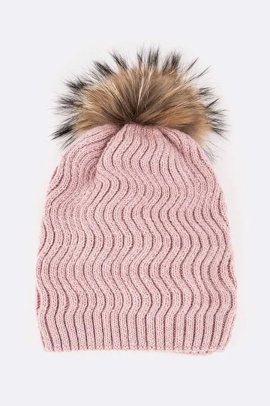 Raccoon Fur PomPom Chevron Knit Beanie LA Jewelry Plaza