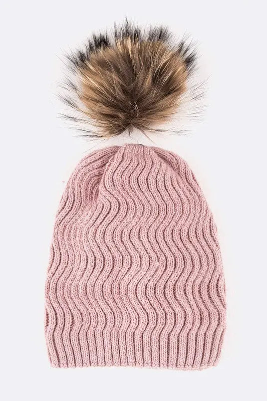 Raccoon Fur PomPom Chevron Knit Beanie LA Jewelry Plaza