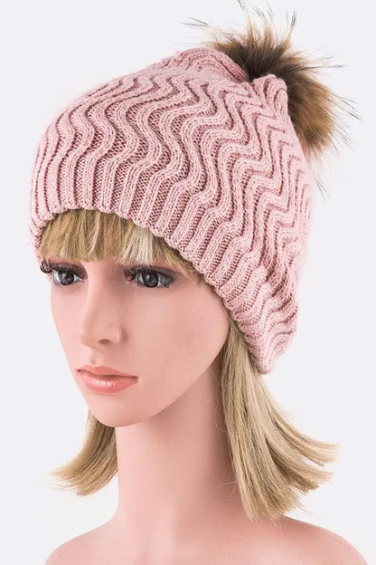 Raccoon Fur PomPom Chevron Knit Beanie LA Jewelry Plaza