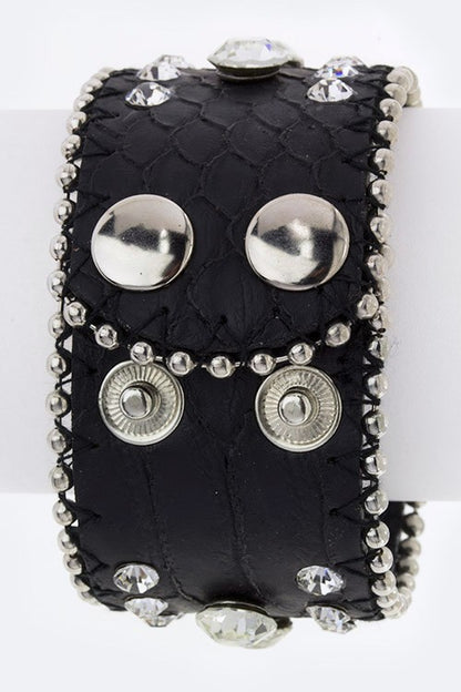 Crystal Studs Embossed Leather Cuff