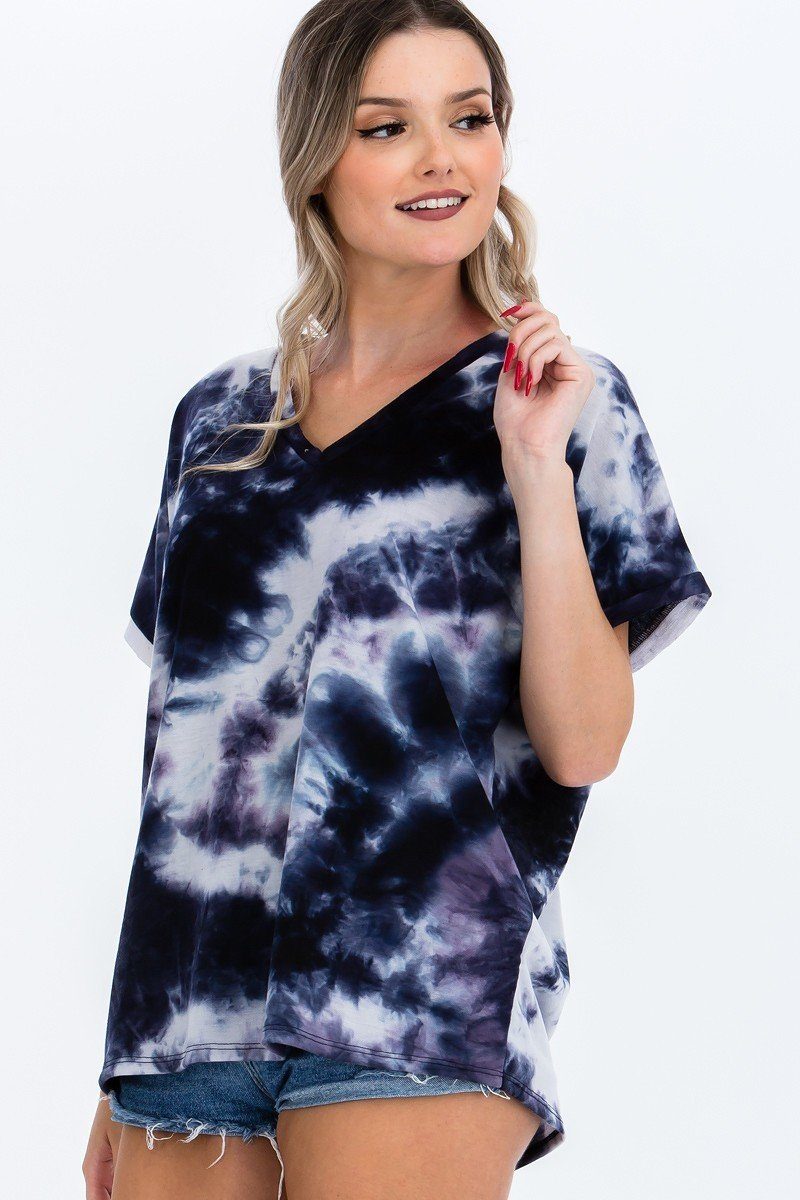 Tie-dye Top Featured In A V-neckline And Cuff Sort Sleeves