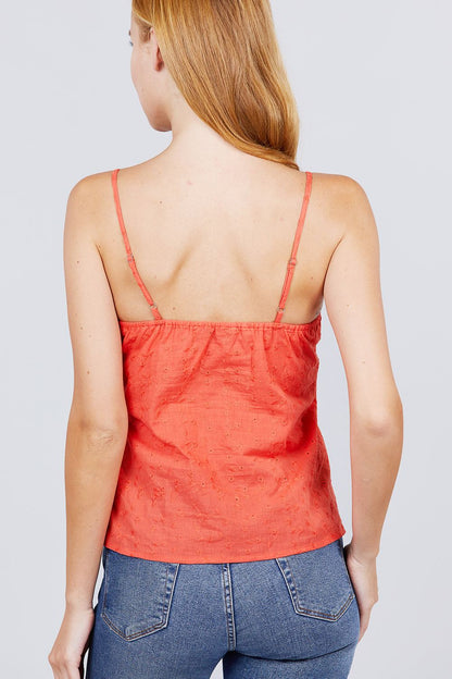 V-neck w/front bow tie eyelet woven cami top