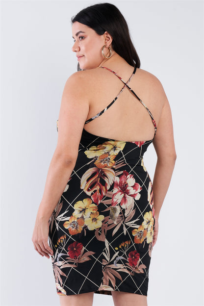 Plus Size Criss-cross Open Back Mini Floral Print Dress