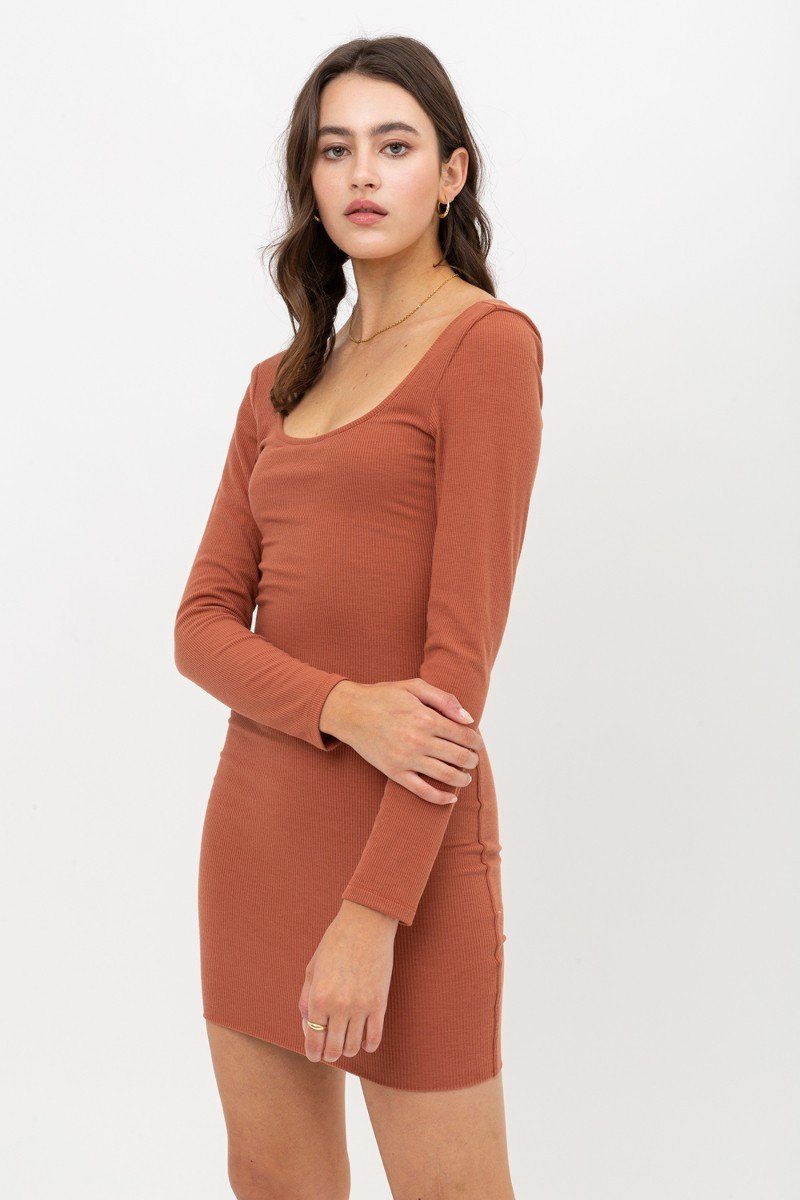 U Neck Of Front And Back Side, Basic Rib Dress With Long Sleeve