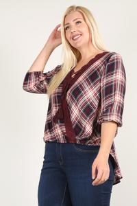 Plaid 3/4 Sleeve Top With Hi-lo Hem, V-neckline, And Relaxed Fit