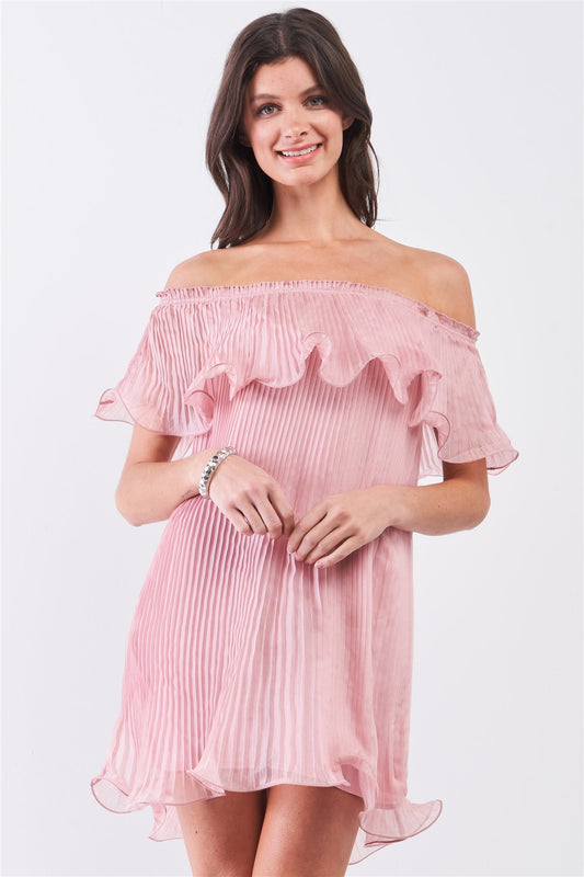 Pink Pleated Off-the-shoulder Double Layered Frill Trim Mini Dress