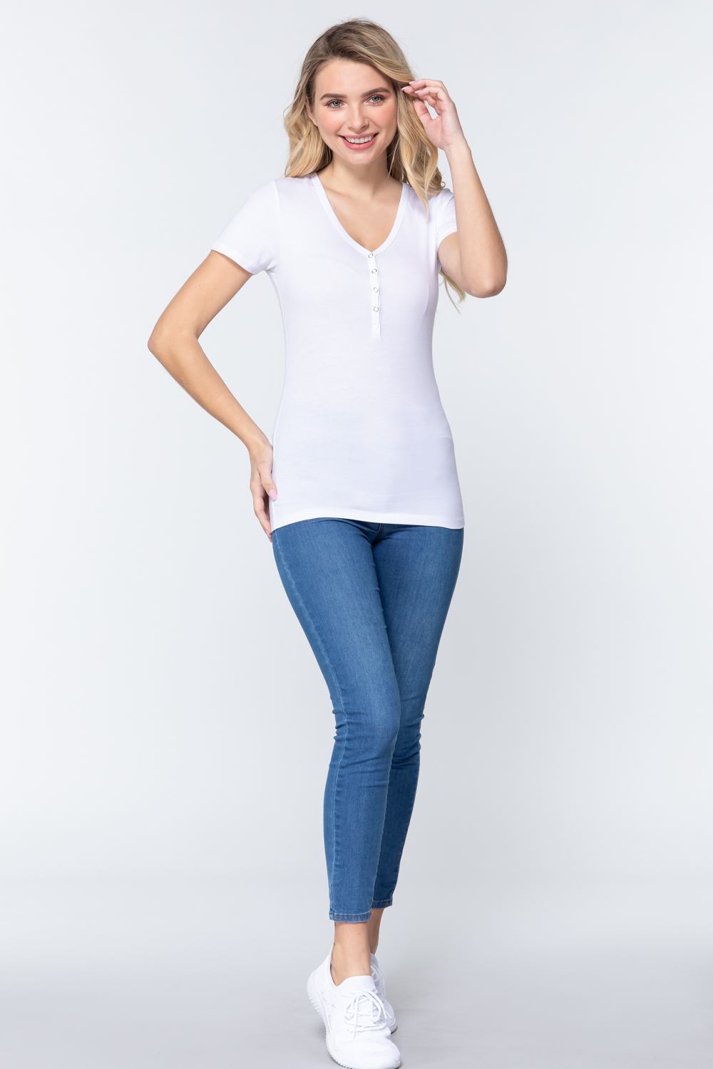 Short Slv V-neck Henley Knit Top