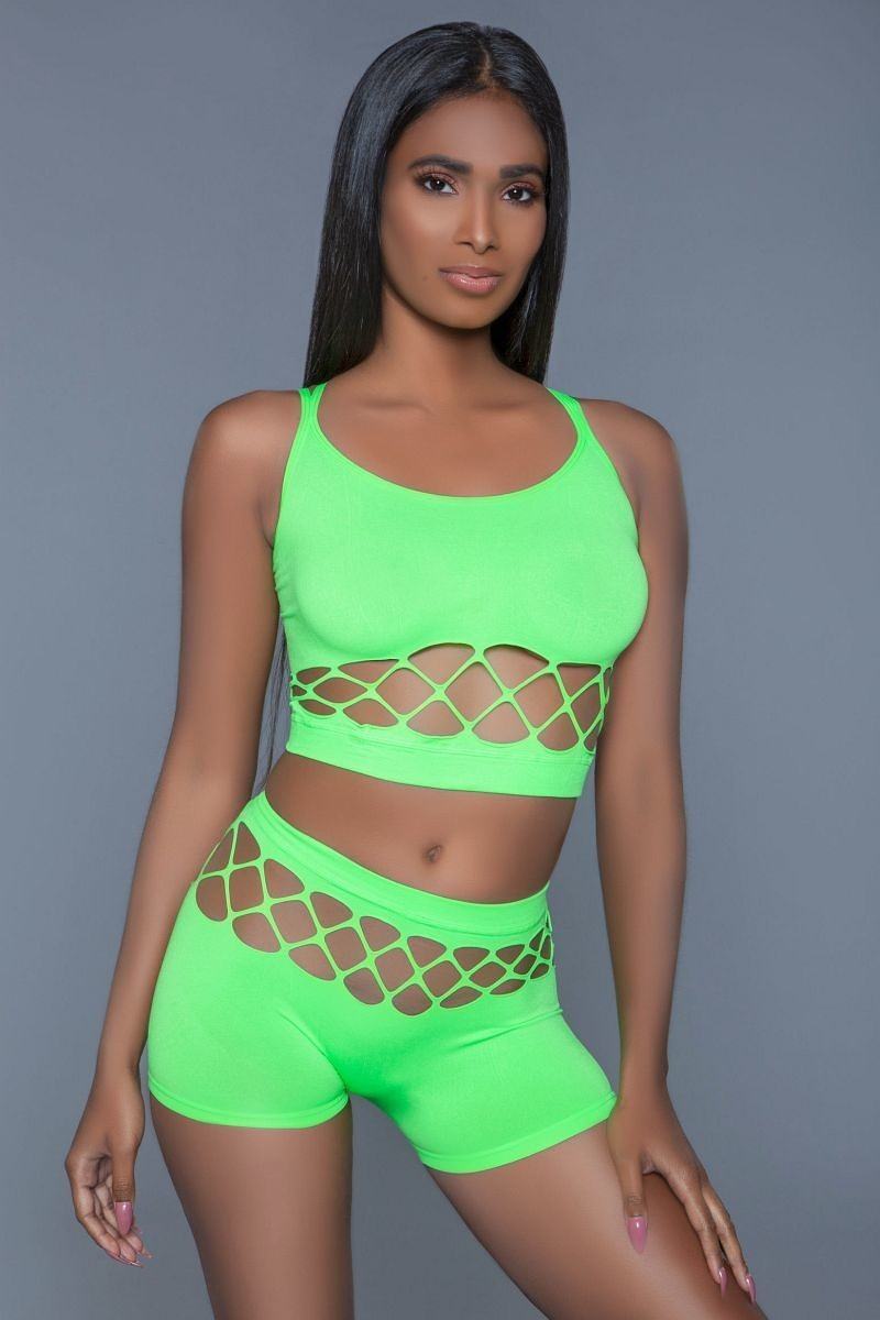 2 pc silk fishnet set that includes a tank crop top with criss-cross cami straps and a pair of high waisted booty shorts.