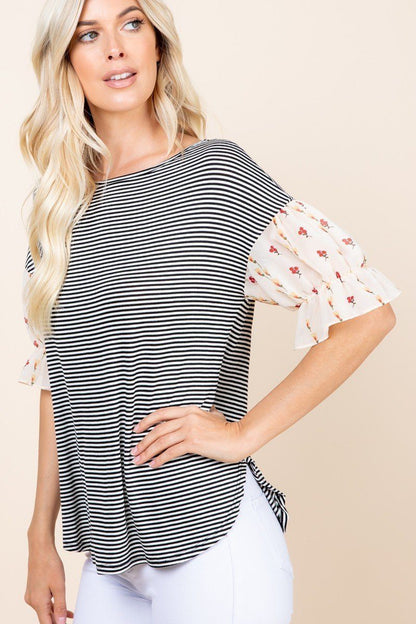 Cute Striped Curved Hem Casual Top