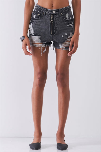 Ripped High-waist Front Zip-up Raw Hem Detail Distressed Mini Shorts