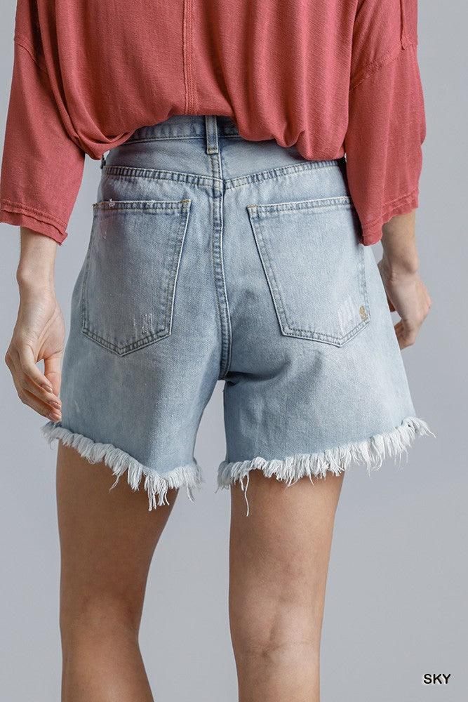 High Rise Denim Shorts With Raw Hem