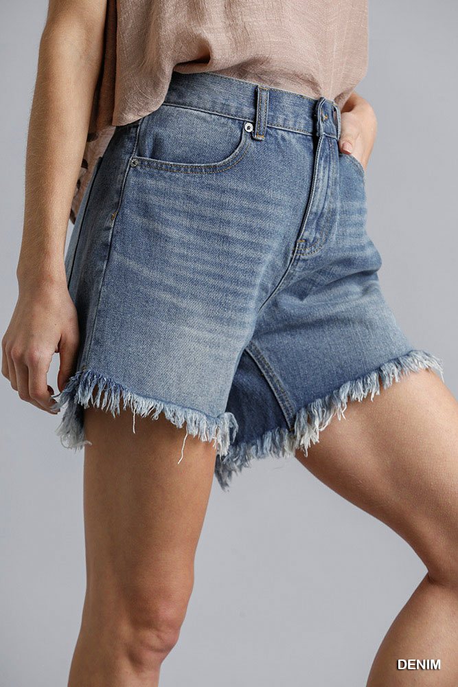 High Rise Denim Shorts With Raw Hem