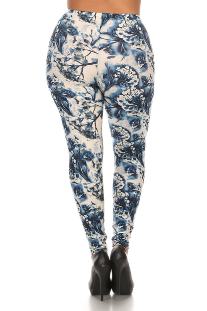 Plus Size Floral Print, Full Length Leggings In A Slim Fitting Style With A Banded High Waist