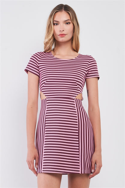 Pink & Black Striped Short Sleeve Cut-out Detail Tight Fit Mini Dress