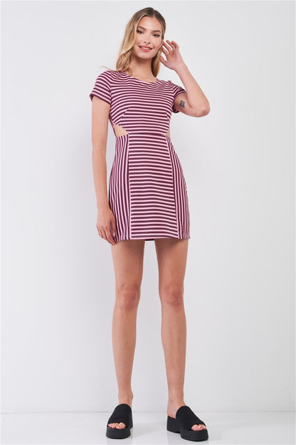 Pink & Black Striped Short Sleeve Cut-out Detail Tight Fit Mini Dress