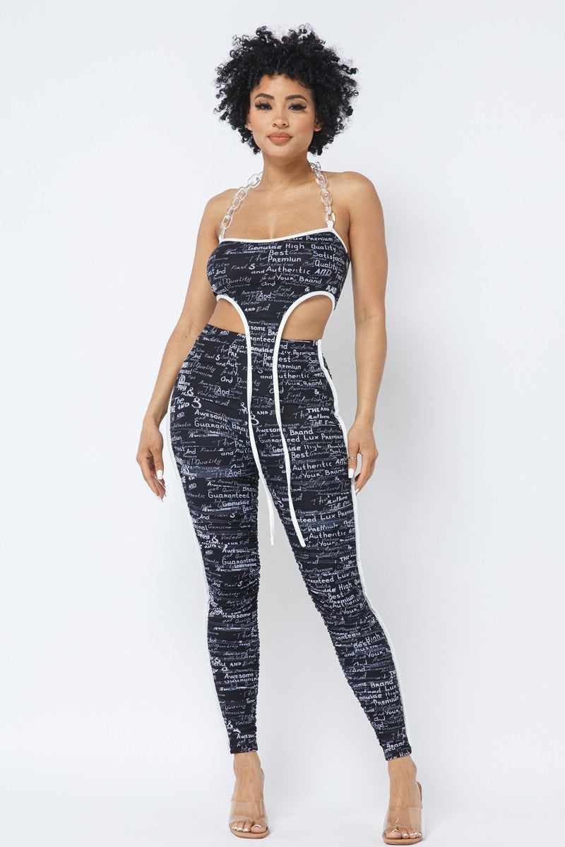 Mesh Print Crop Top With Plastic Chain Halter Neck With Matching Leggings