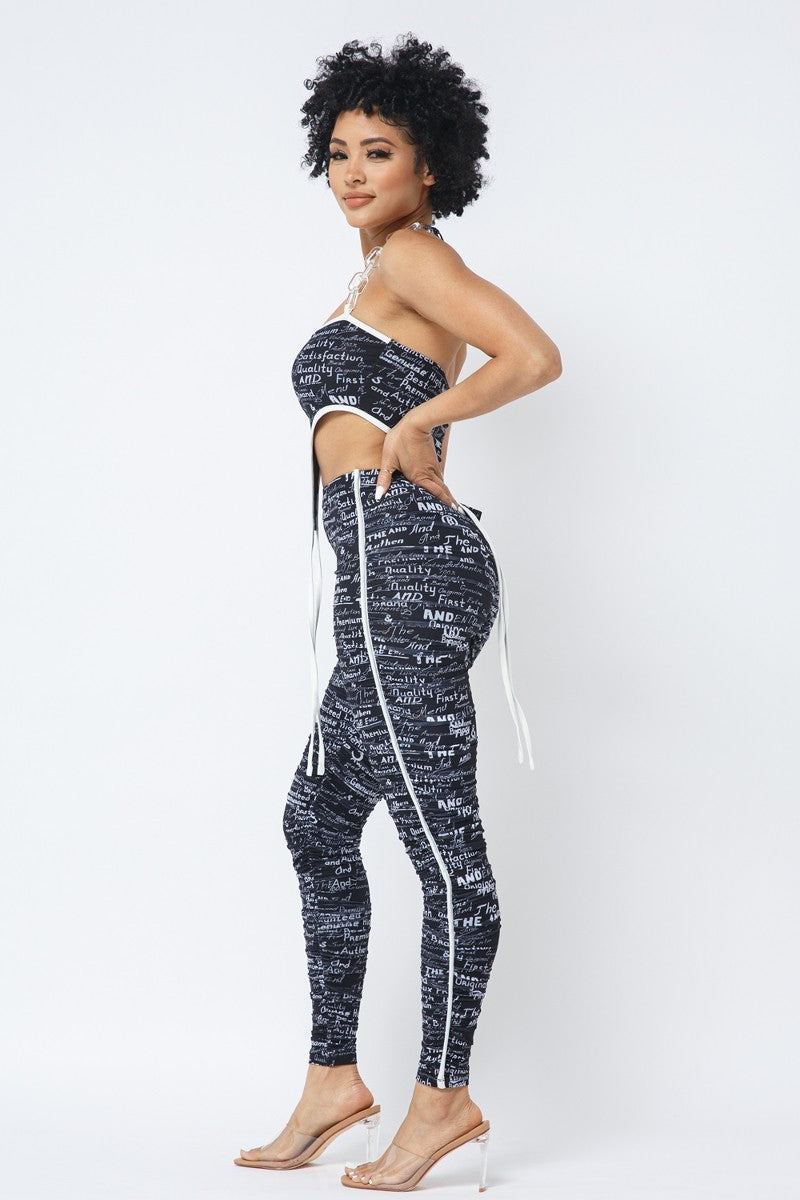 Mesh Print Crop Top With Plastic Chain Halter Neck With Matching Leggings