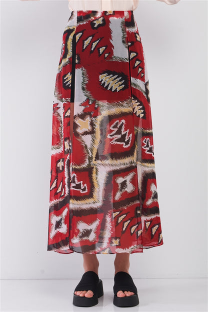 Red & Multi Vintage Graphic Print High-waisted Two Front Slits Maxi Skirt