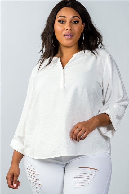 Plus Size Oatmeal Stand-up Collar Roll Tab Sleeve Blouse