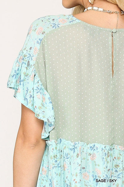 Dot And Floral Print Mixed Ruffle Top With Back Keyhole