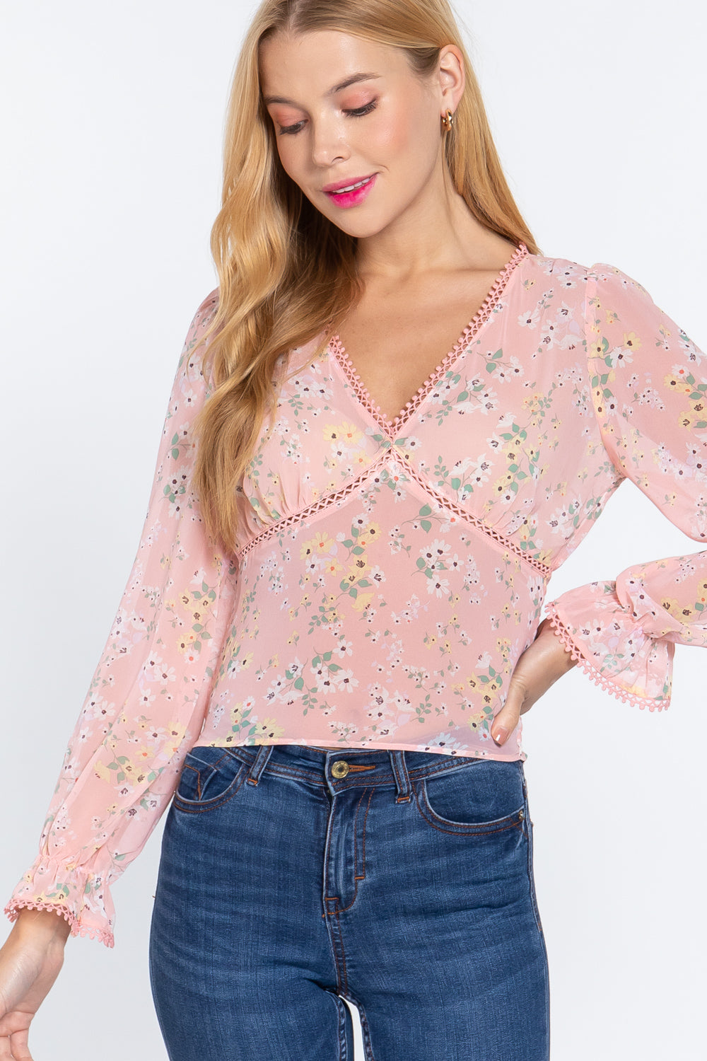 Ruffle Slv Floral Print Chiffon Top