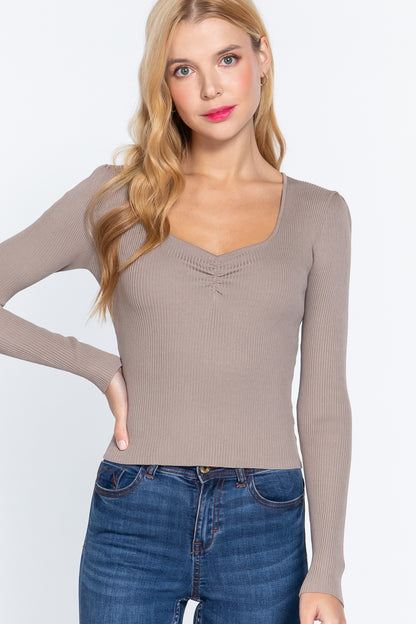 Shirring Sweatheart Neck Sweater