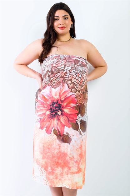 Plus Peach Flower Print Sleeveless Midi Dress