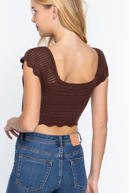 Short Sleeve V-neck Front Knot Detail Sweater Knit Crop Top