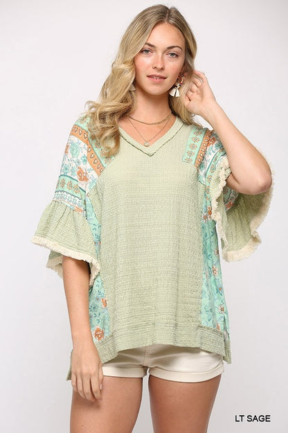 Texture Knit And Print Mixed Hi Low Hem Top