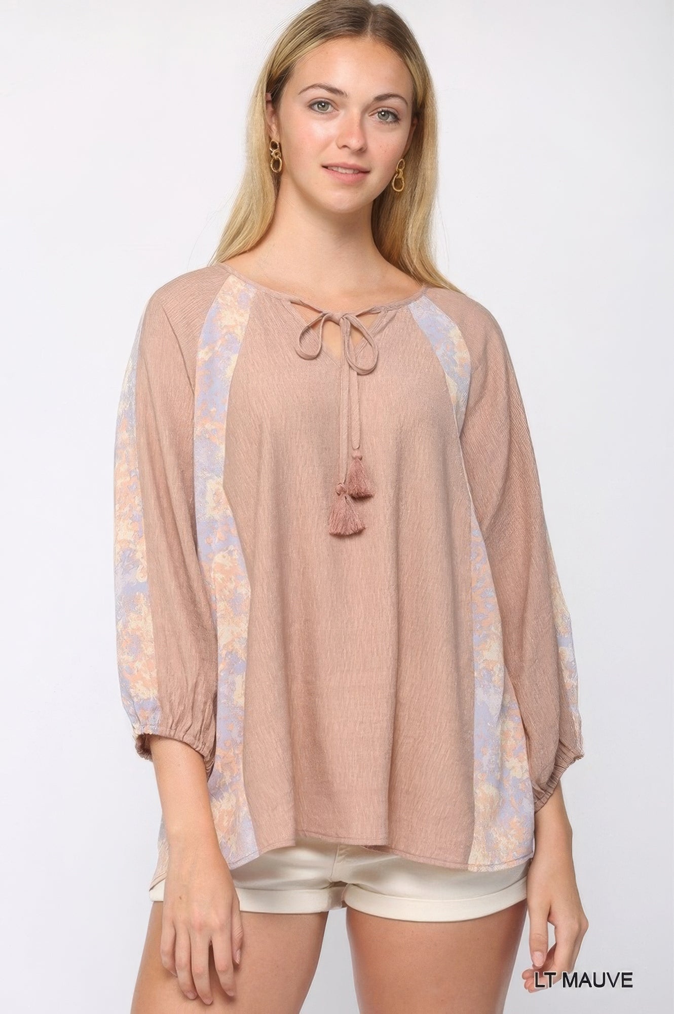 Solid Crinkle And Print Mix Raglan Sleeve Top With Tassel Tie