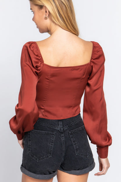 Long Sleeve Sweetheart Neck Front Ribbon Tie Detail Woven Top