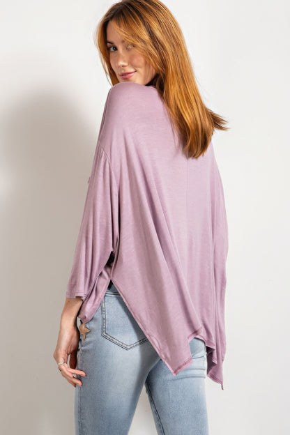 Rounded Neckline 3/4 Sleeves Washed Top