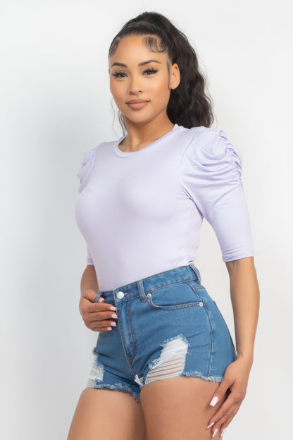 Round Neck Puff Ruched Sleeve Top