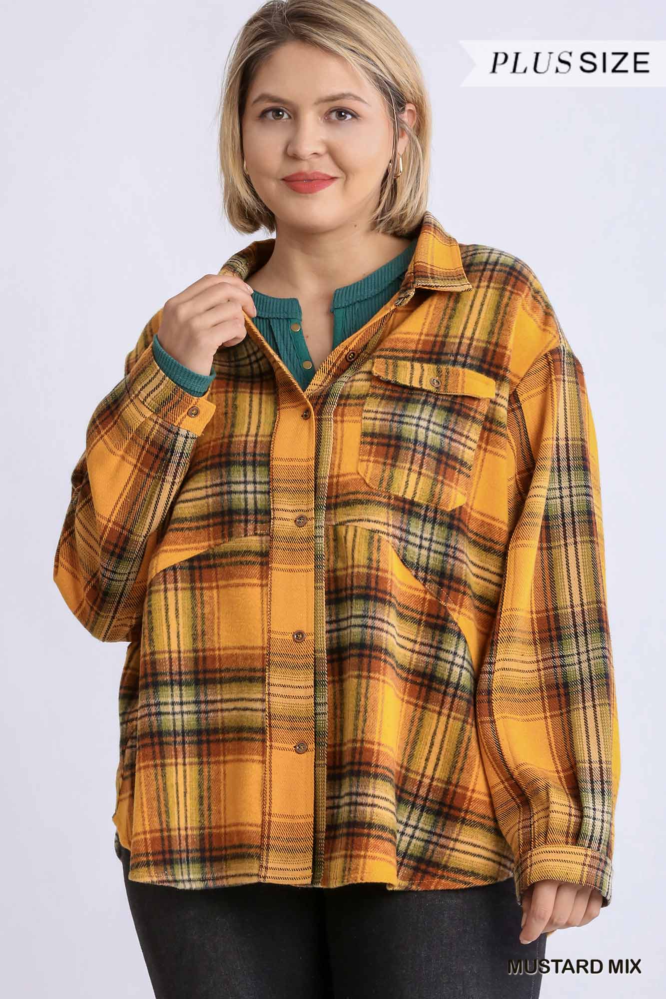 Plaid Collar Button Down Overshirt With Front Pockets