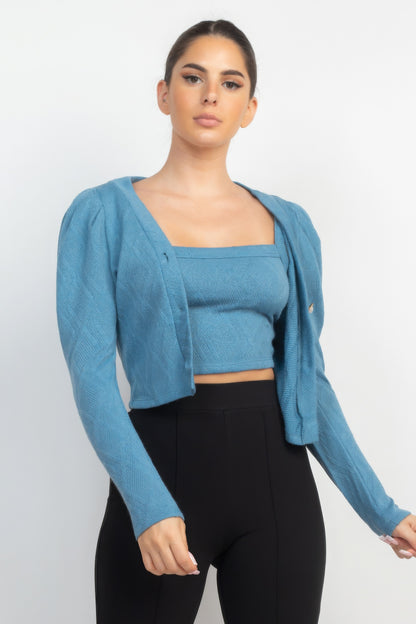 Geometric Cami Puff Sleeves Blazer Top Set