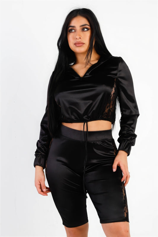 Satin Lace Details Long Sleeve Hooded Crop Top & Biker Short Set