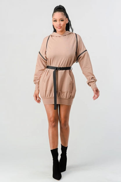 Double Zipper Long Sleeve Hooded Mini Dress