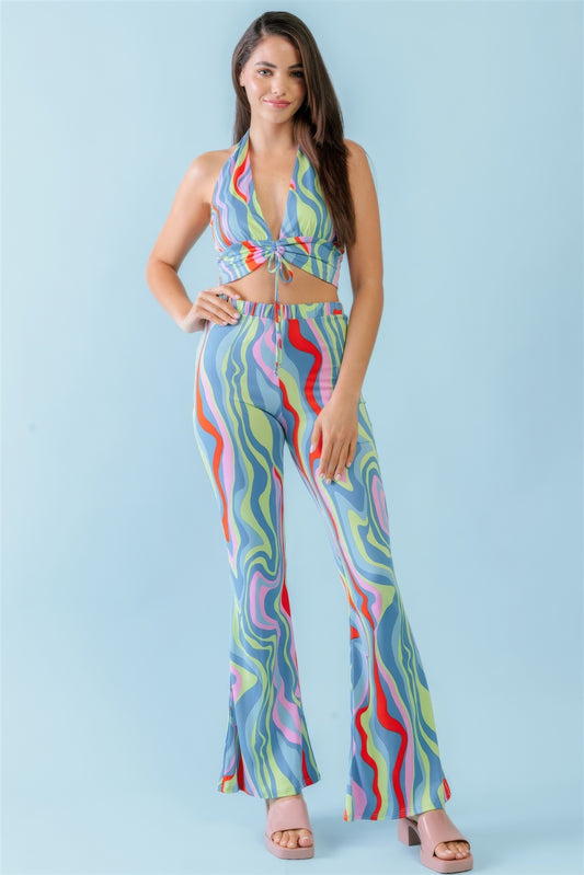 Multicolor Abstract Print Halter V-neck Ruched Open Back Crop Top & High Waist Pants Set