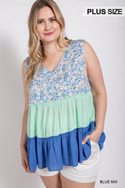 Floral Color Block Ruffle Detail Tiered V-neck Top