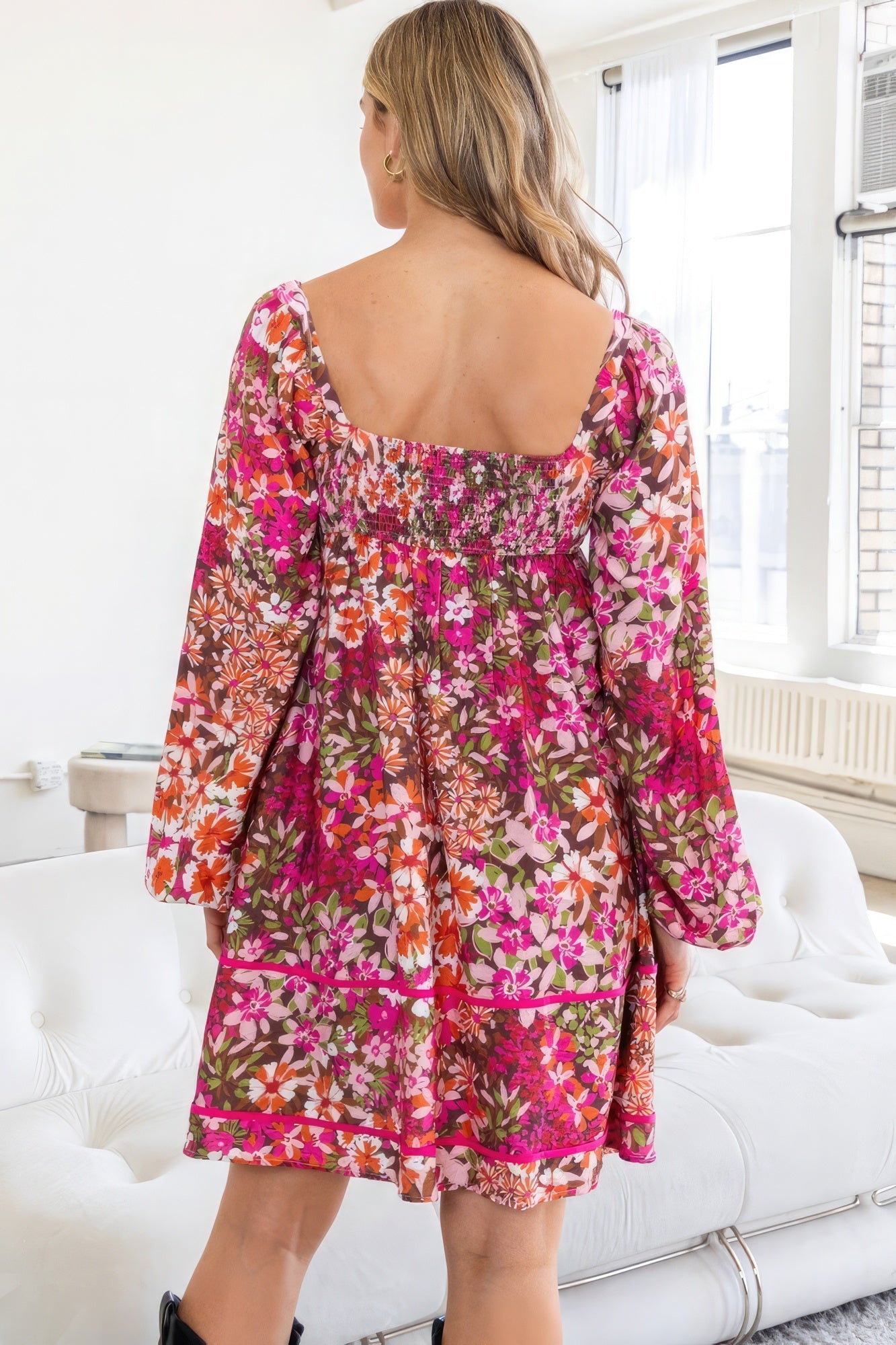 Floral Square Neckline Mini Dress