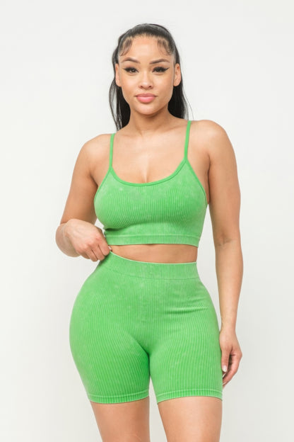 Washed Seamless Basic Tank Top And Shorts Set