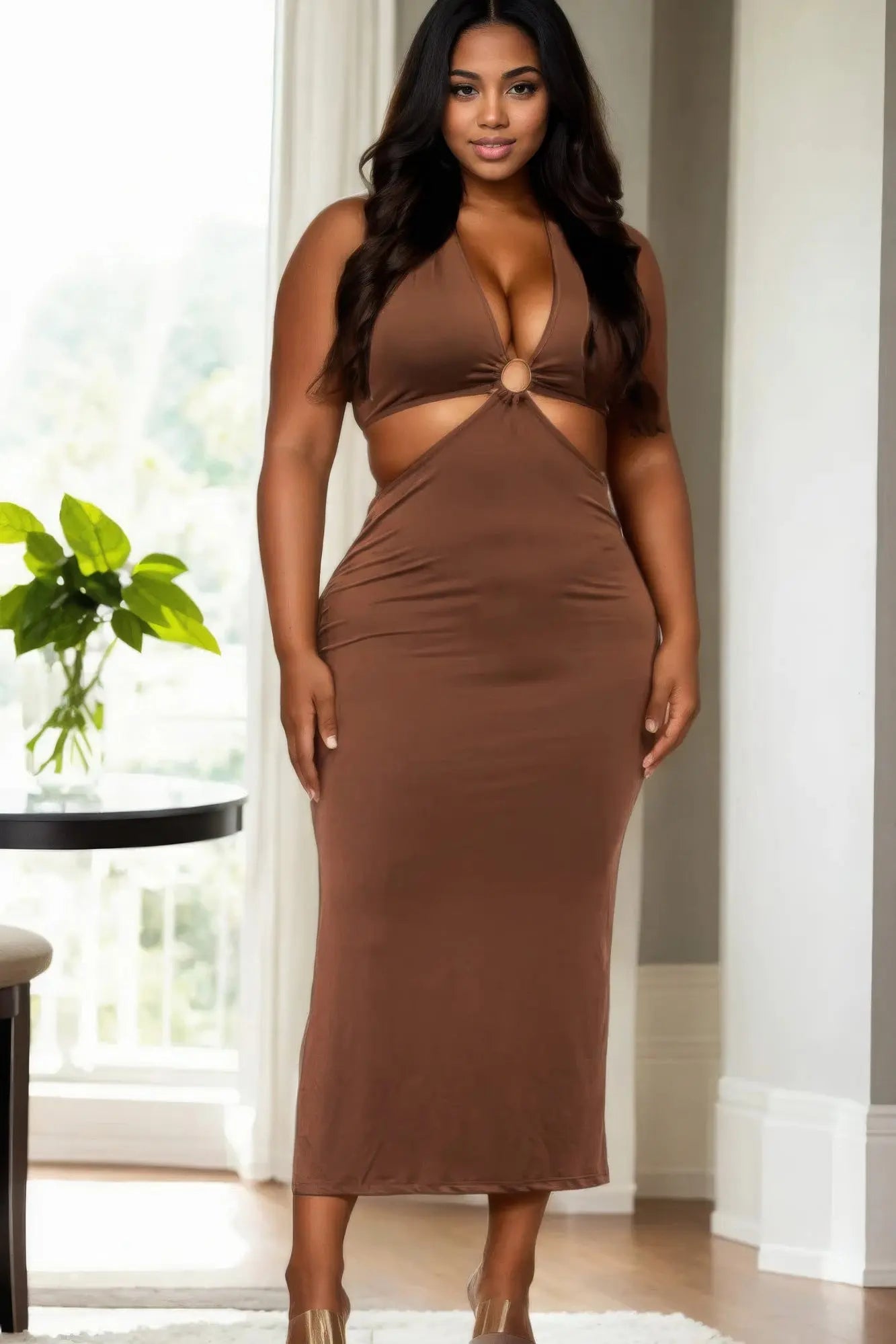 Plus Size Cut-out Halter Neck Double Back Tie Split Thigh Midi Dress - Affluza