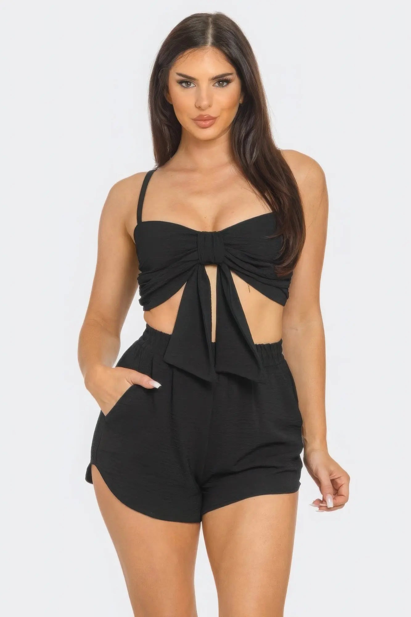 Front Oversized Bow Twisted Tie Top And Shorts Set Affluza