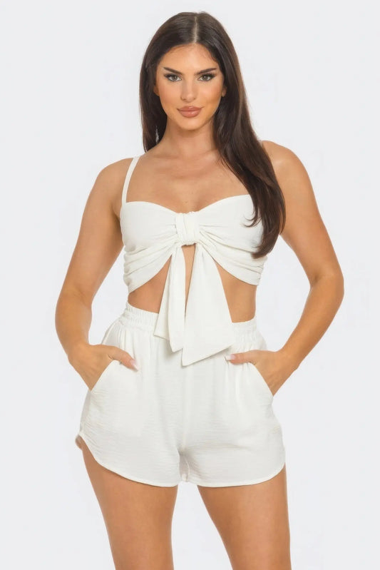 Front Oversized Bow Twisted Tie Top And Shorts Set Affluza