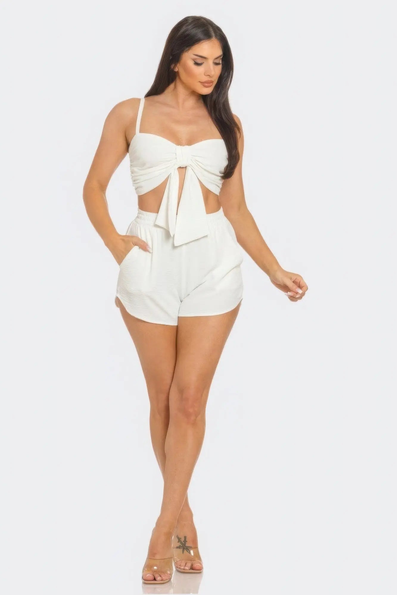 Front Oversized Bow Twisted Tie Top And Shorts Set Affluza