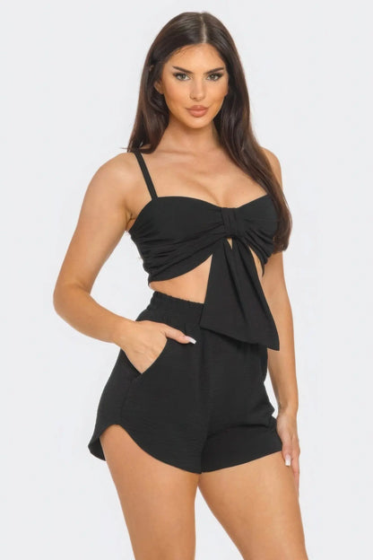 Front Oversized Bow Twisted Tie Top And Shorts Set Affluza