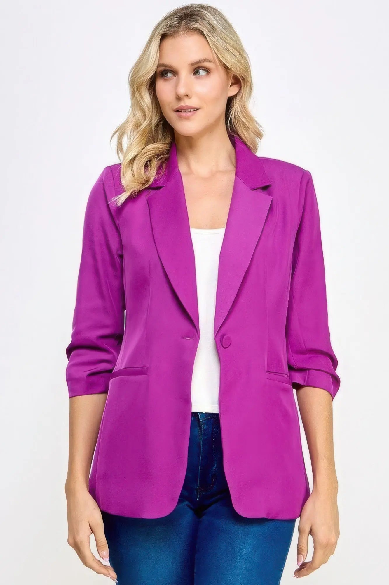 Buttoned Detail 3/4 Sleeve Blazer Affluza