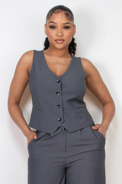 Buttoned Solid V-neck Vest Top