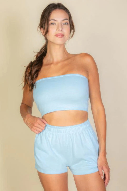 Simple Solid Color Tube Top And Shorts Two Piece Set