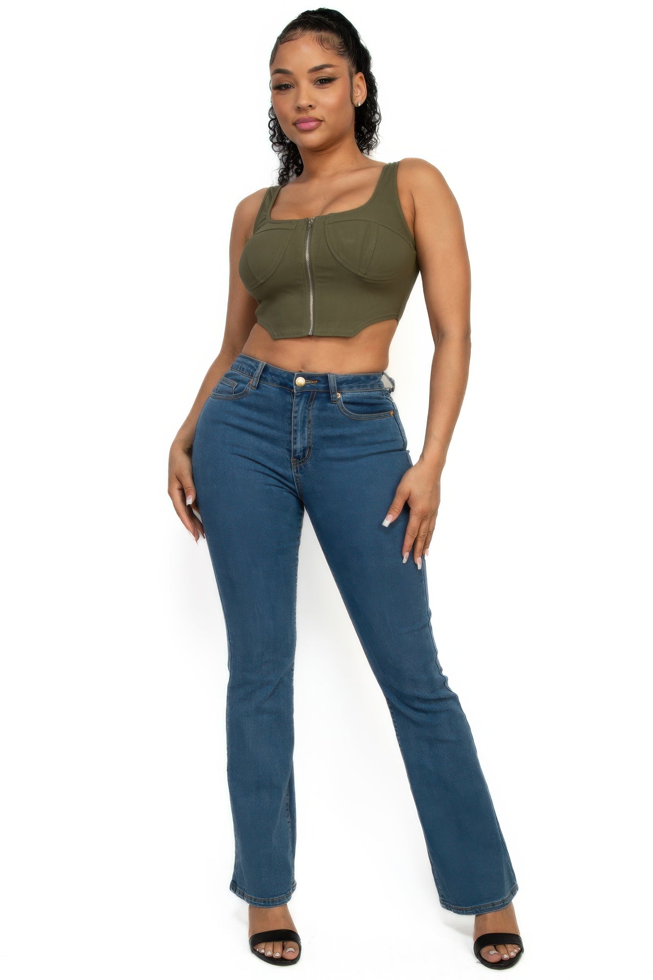 Zip-up square neck crop top